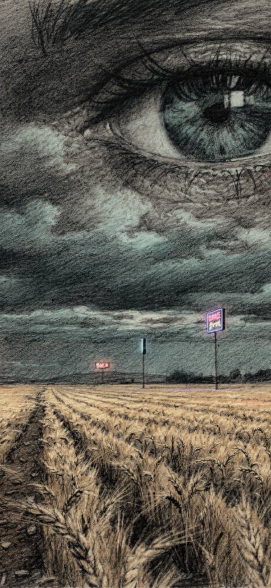 Giant Eye Over Neon Wheat Field