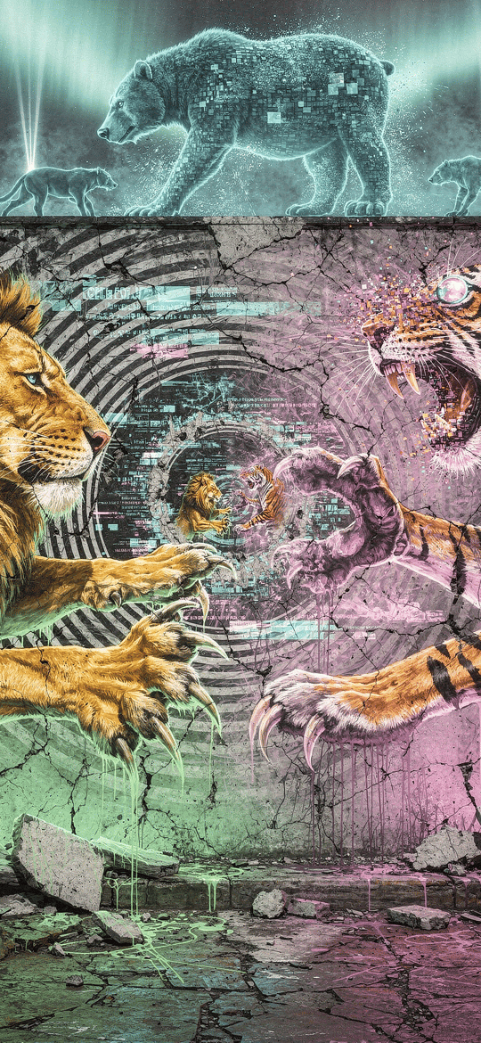 Lion and Tiger Clash Under Pixel Bear