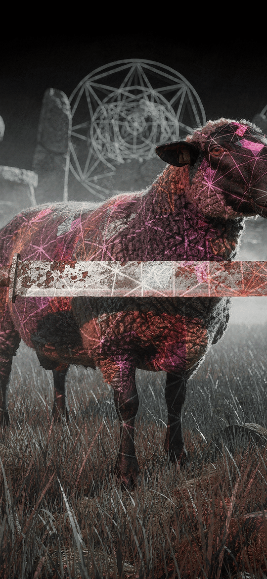 Glowing Sheep Impaled by Sword in Ruins