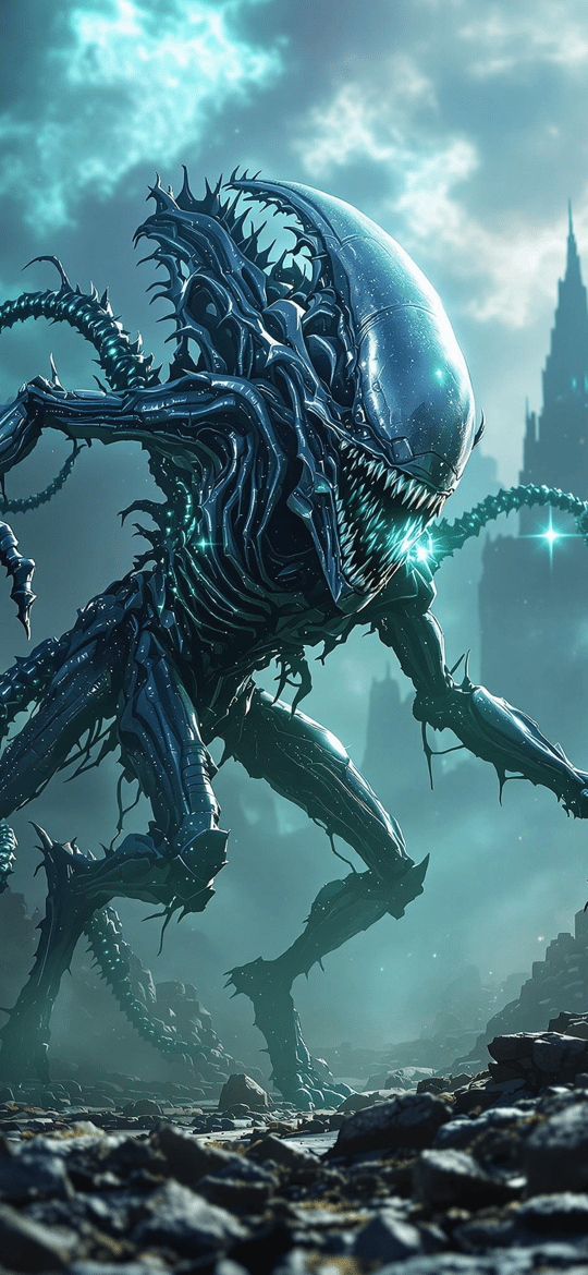 Xenomorph in Stormy Futuristic Ruins