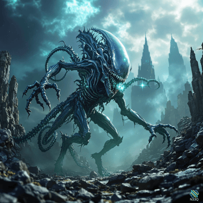 Xenomorph in Stormy Futuristic Ruins