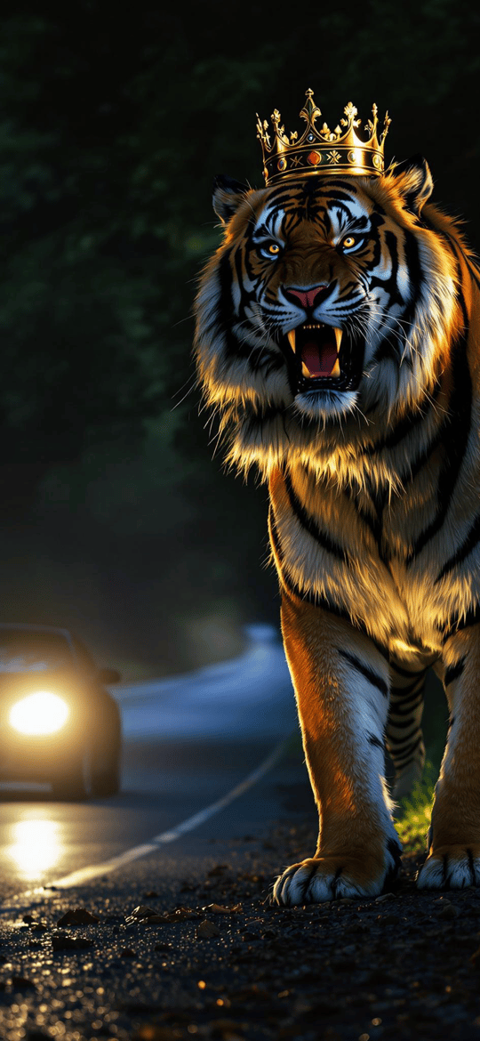 Crowned Tiger on Nighttime Road