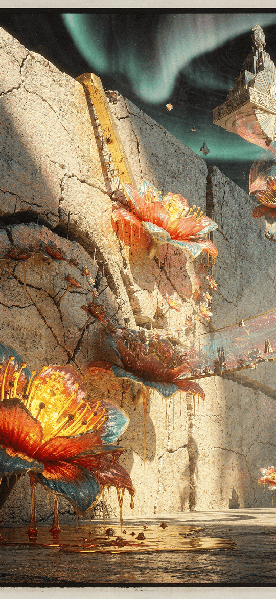 Glowing Flowers on Cracked Concrete Wall