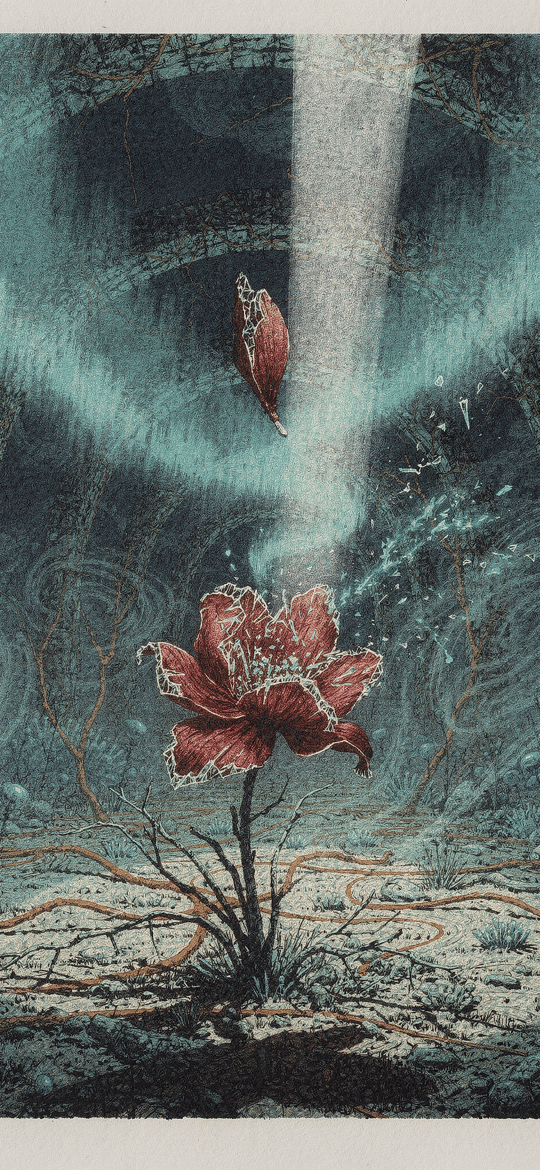 Red Flower Under a Beam of Light in a Misty Hall