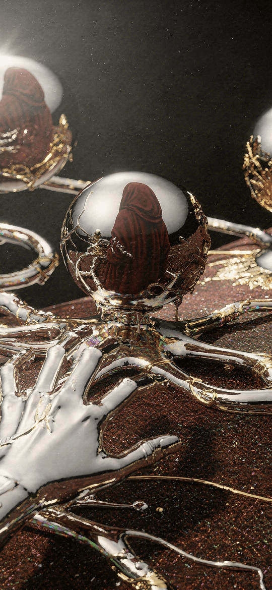 Metallic Hand with Reflective Spheres and Robed Figures