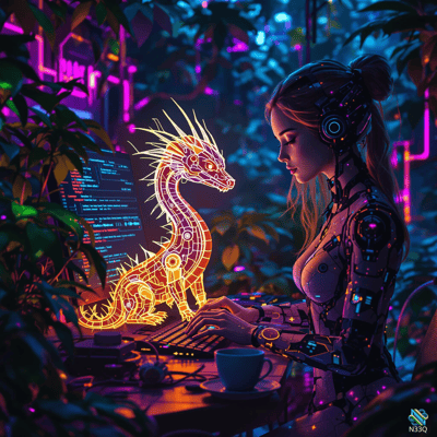 Cyborg Woman With Holographic Neon Dragon