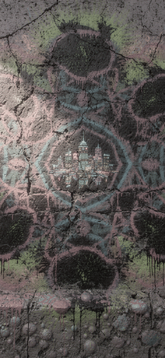 Cityscape Mandala on Cracked Wall