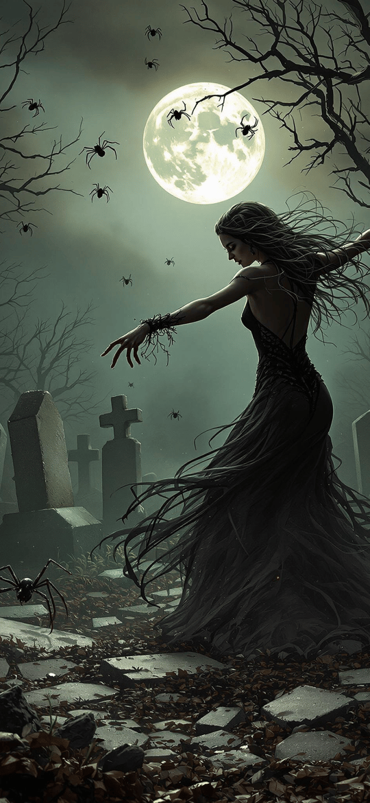 Woman Dancing Among Spiders in Graveyard