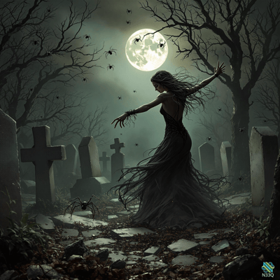 Woman Dancing Among Spiders in Graveyard