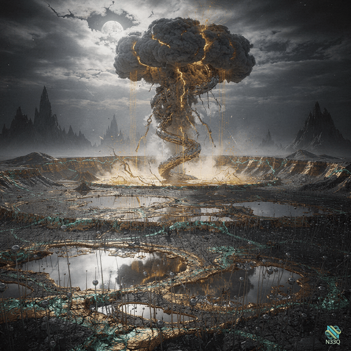 Mushroom Cloud with Golden Lightning Over Cracked Land
