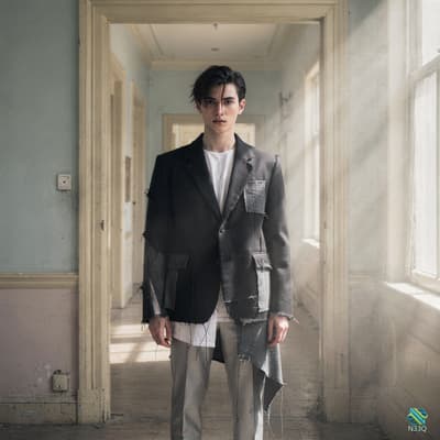 Young Man in Torn Black Blazer in Derelict Hallway