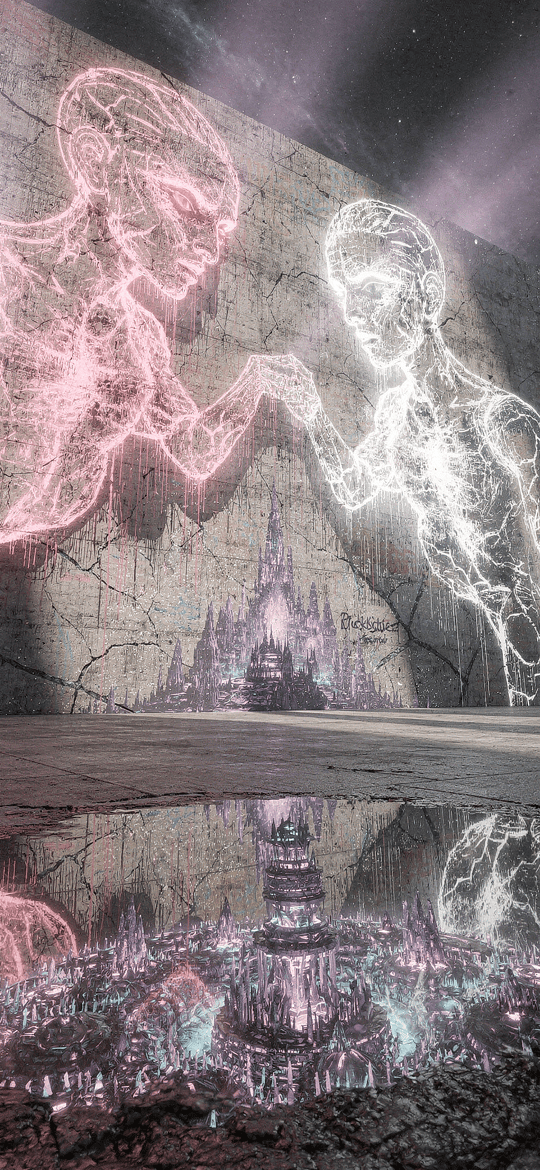 Neon Figures Touching Hands Over Castle Puddle
