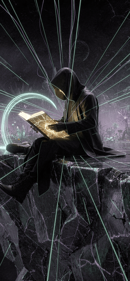 Hooded Figure Reading Glowing Book on Floating Rock
