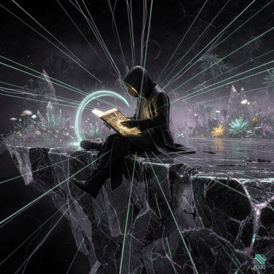 Hooded Figure Reading Glowing Book on Floating Rock