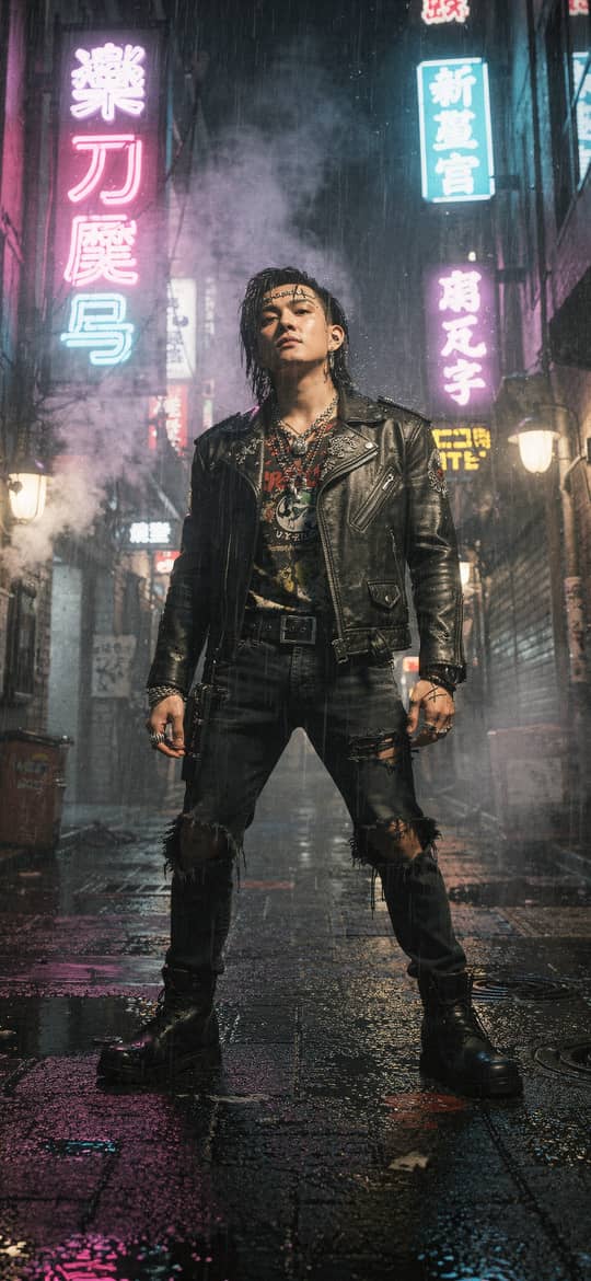 Man in Leather Jacket in Neon Alley