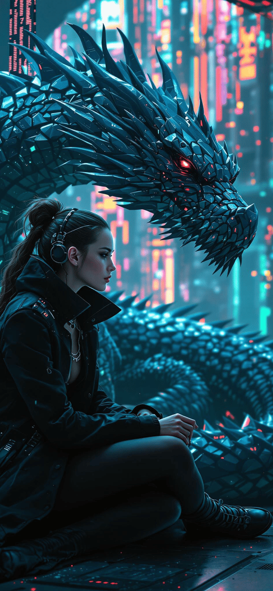 Woman Beside Blue Mechanical Dragon