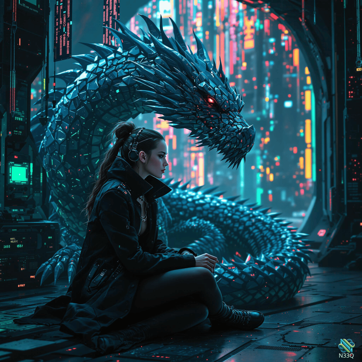Woman Beside Blue Mechanical Dragon