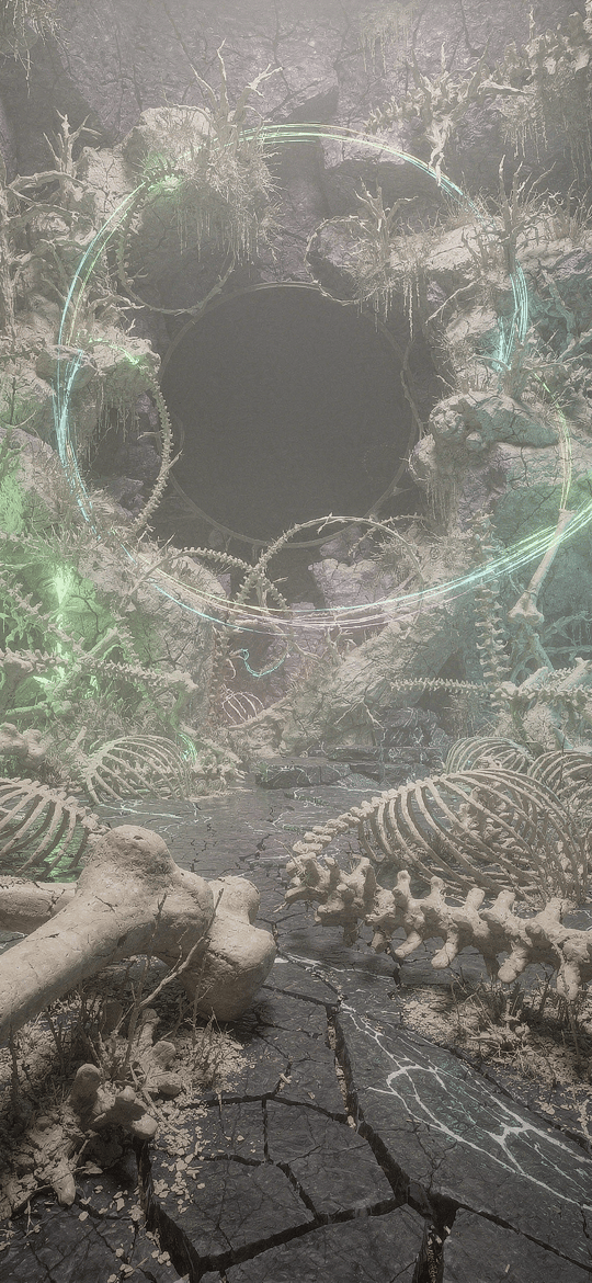 Scattered Skeletons Before a Glowing Cave Mouth