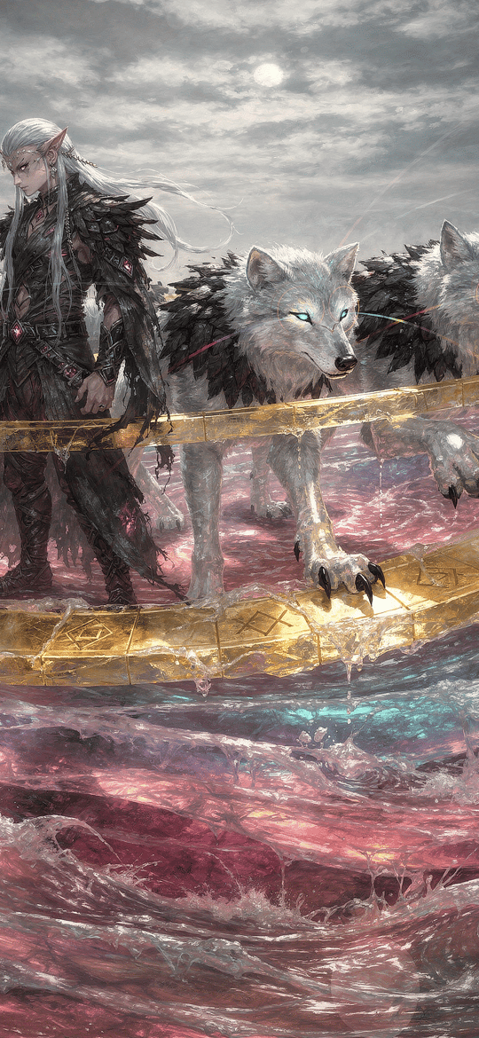 Silver-Haired Warrior with Wolves in a Golden Ring