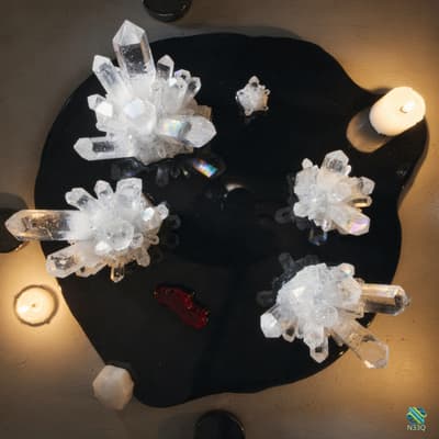Quartz Crystal Clusters on Black Surface with Candles