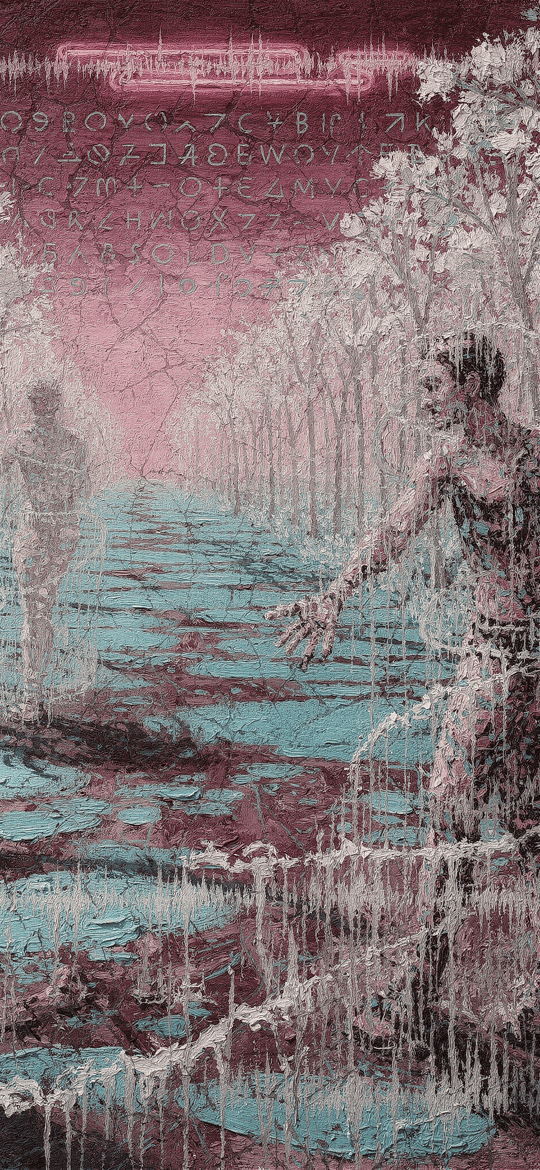 Dripping Figures Running Through a Pink Forest