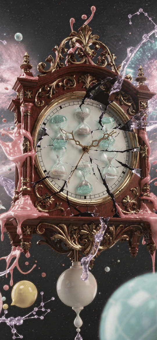 Cracked Ornate Clock with Hourglass Face
