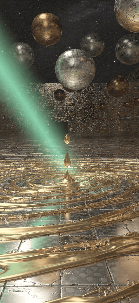 Liquid Gold Ripples Under Floating Mirror Spheres