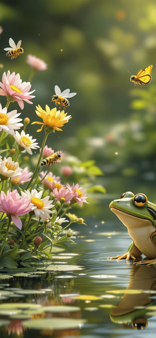 Fairy Frog by Blooming Pond Flowers