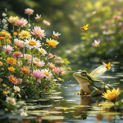 Fairy Frog by Blooming Pond Flowers