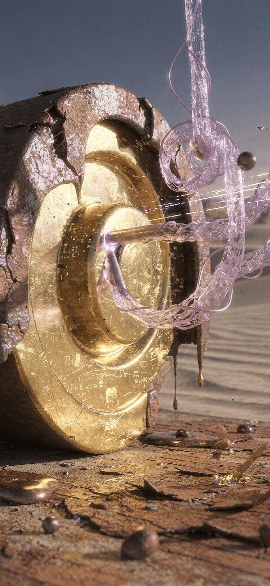 Rusted Wheel Bursting Purple Energy in Desert