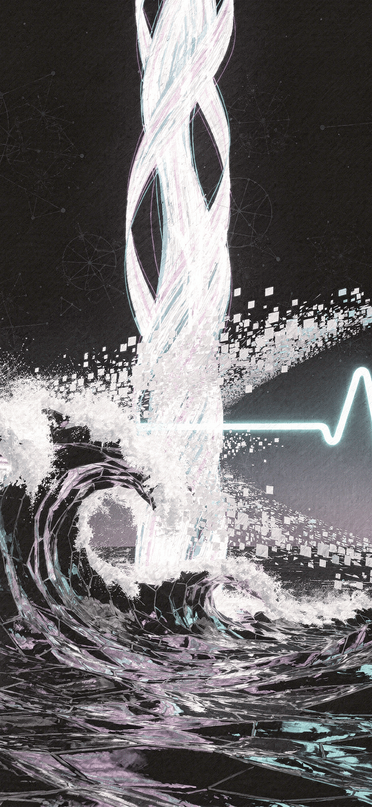Twisted Light Column and Heartbeat Line over a Pixel Wave