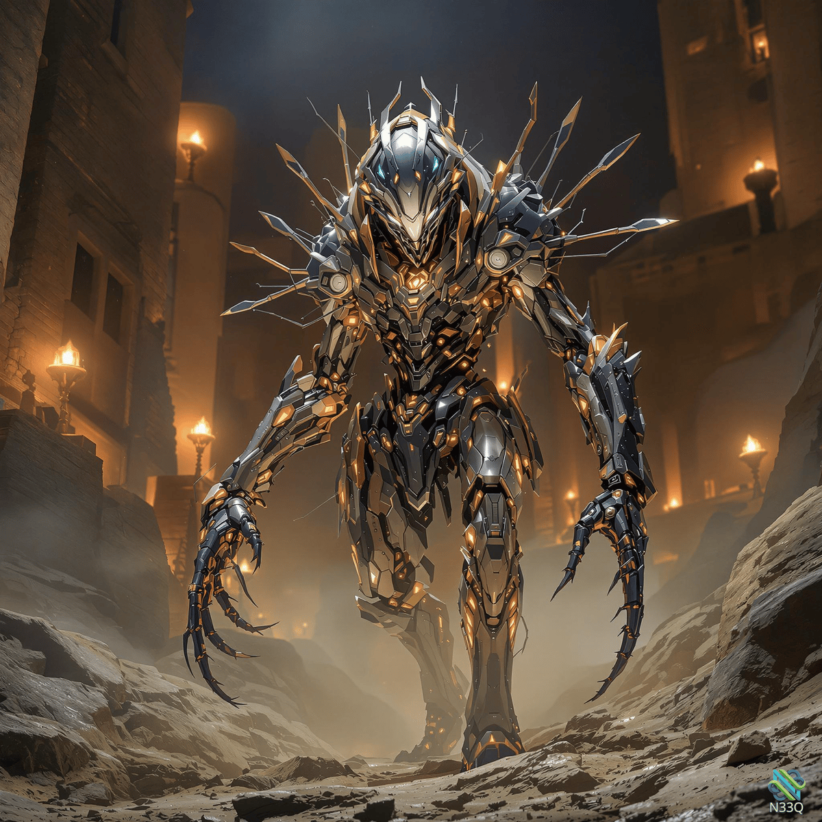 Spiked Robotic Warrior in Ancient Ruins