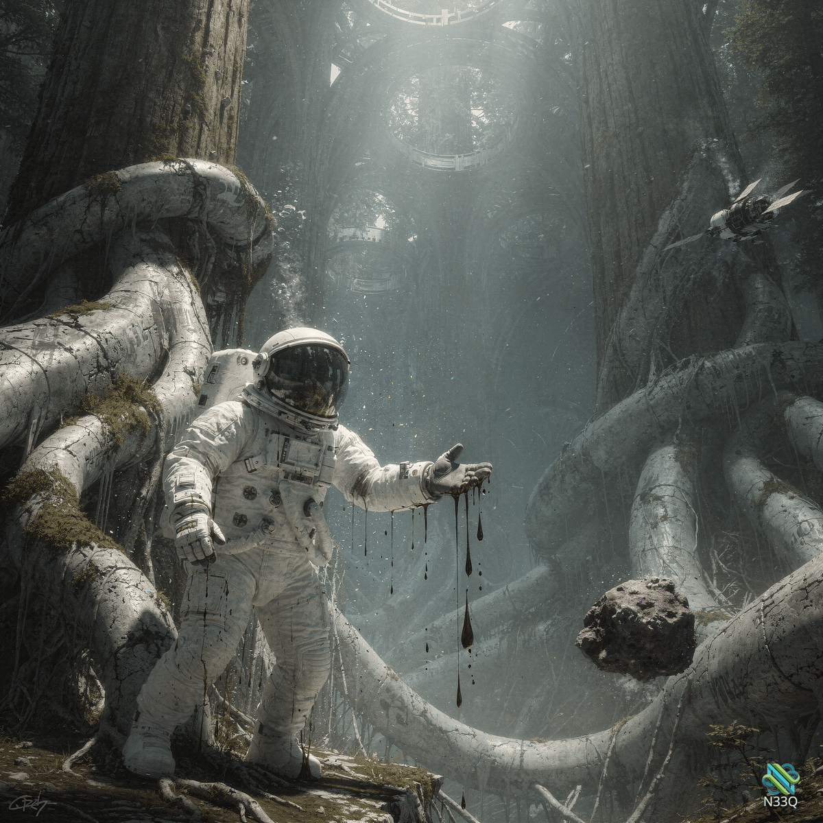 Astronaut Amid Overgrown Ancient Ruins