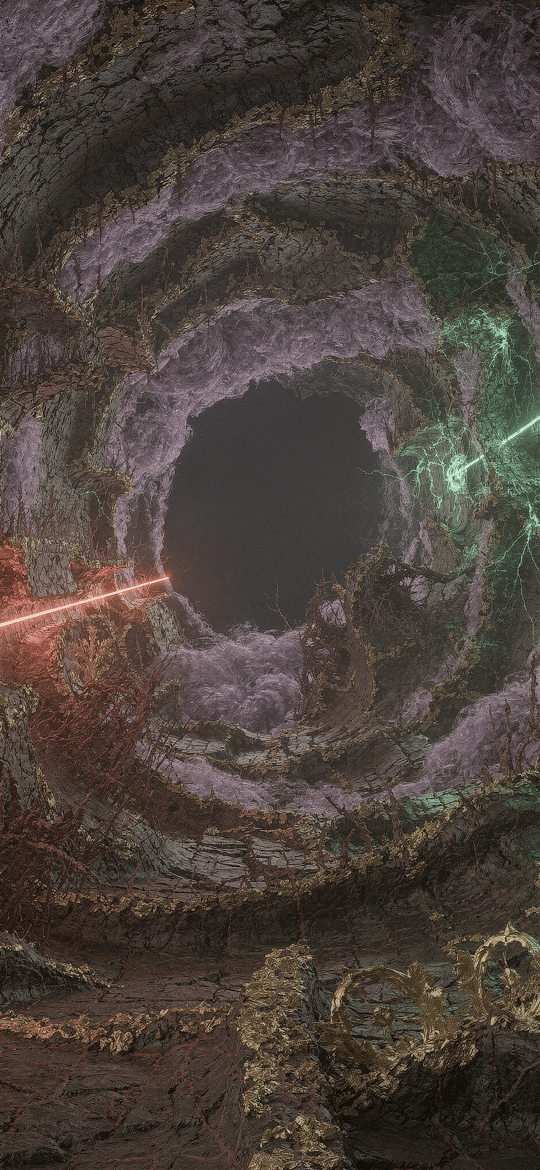 Fractured Rock Tunnel with Red Lasers and Green Lightning