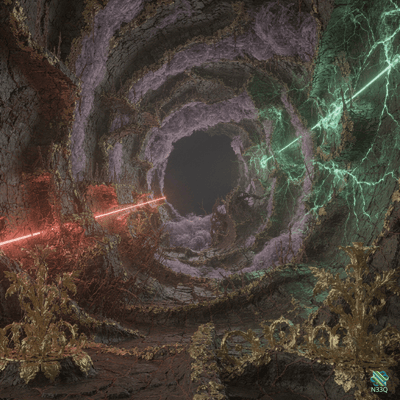 Fractured Rock Tunnel with Red Lasers and Green Lightning