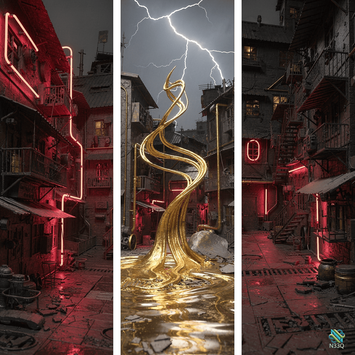 Golden Spiral Lightning in Neon Alley