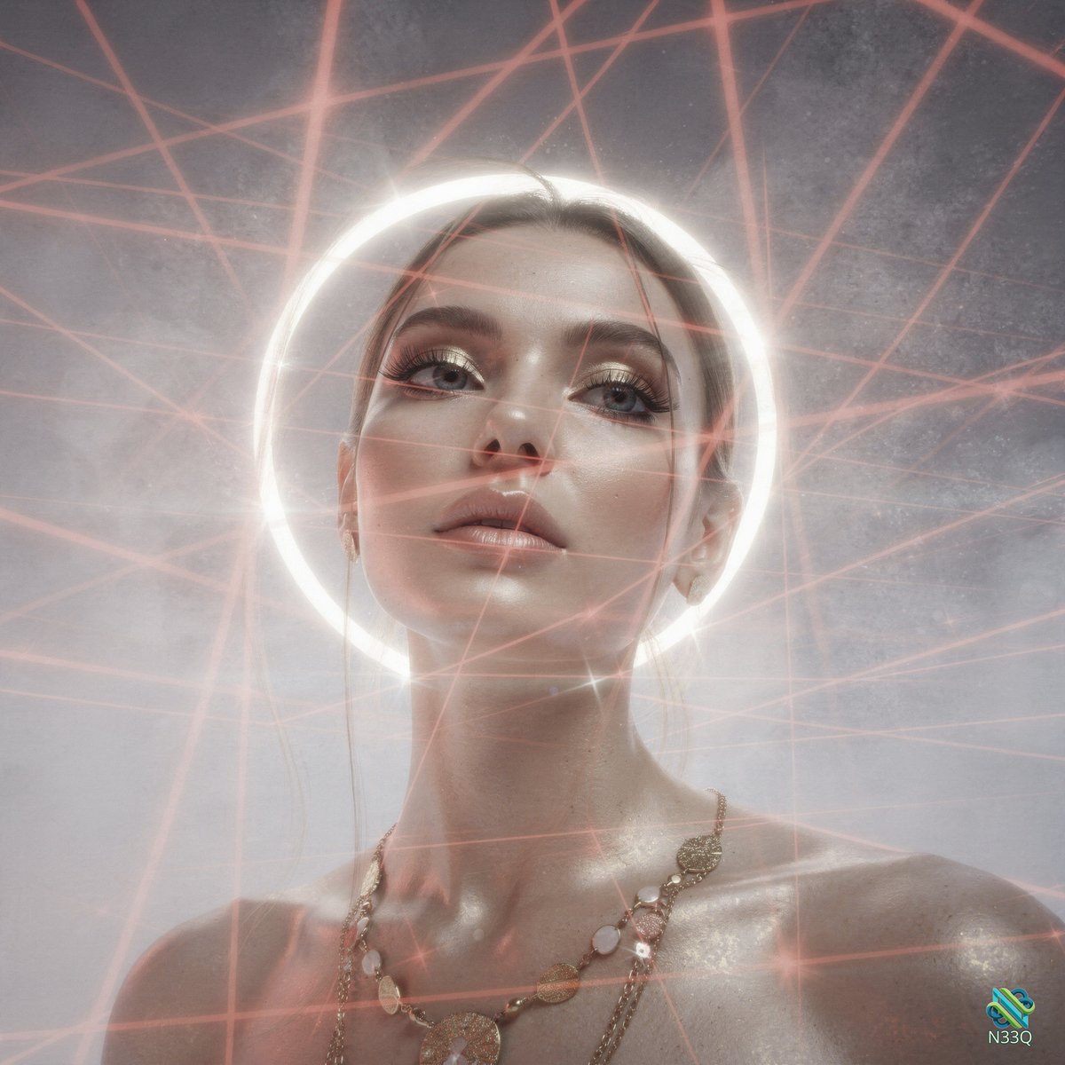 Woman with Radiant Halo and Red Energy Lines