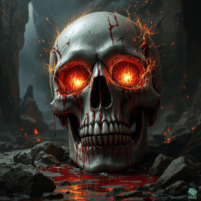 Fiery Skull with Glowing Eyes in Cave
