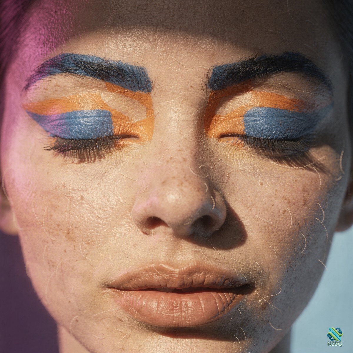 Freckled Woman with Bold Blue Orange Eyeshadow