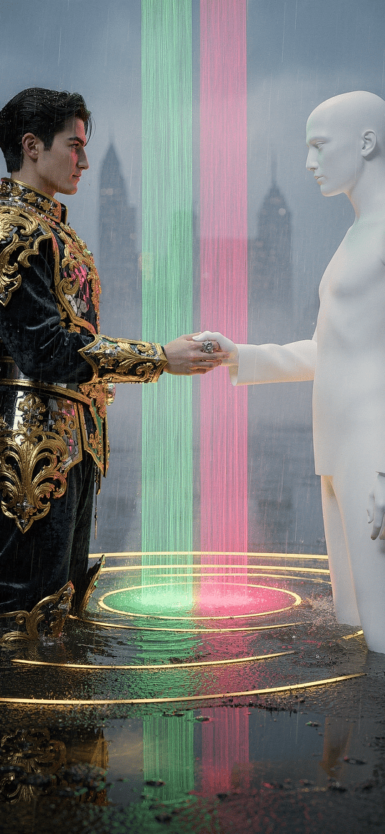 Gold-Armoured Man Shaking Hands with a White Mannequin