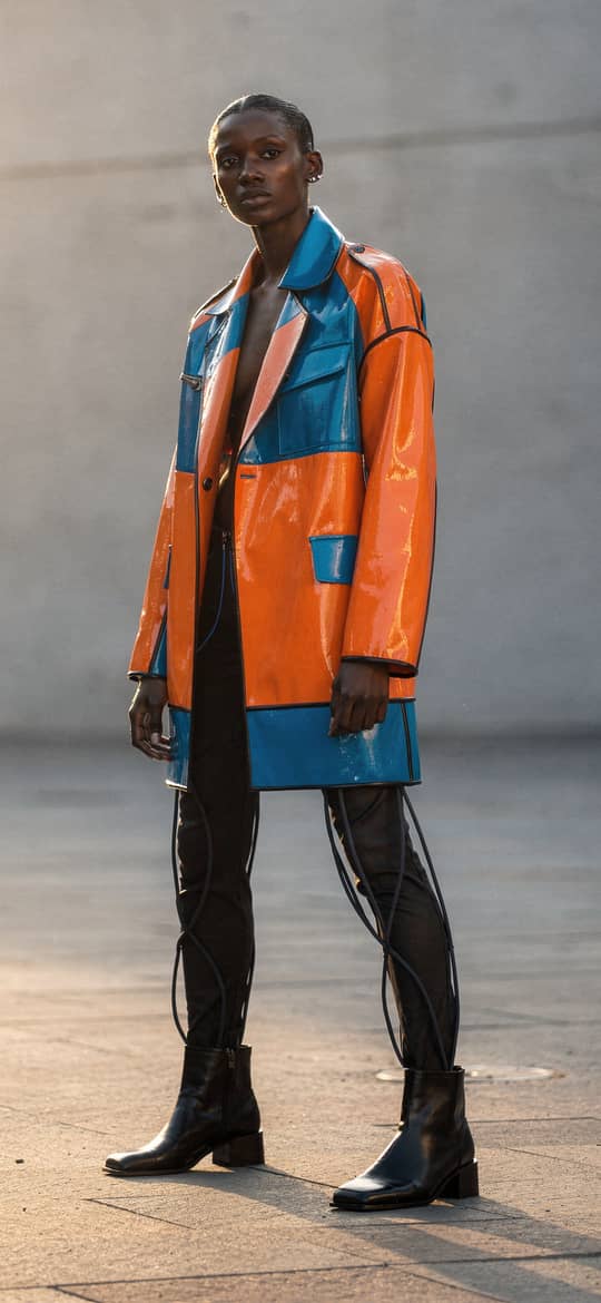 Model in Orange and Blue Geometric Jacket