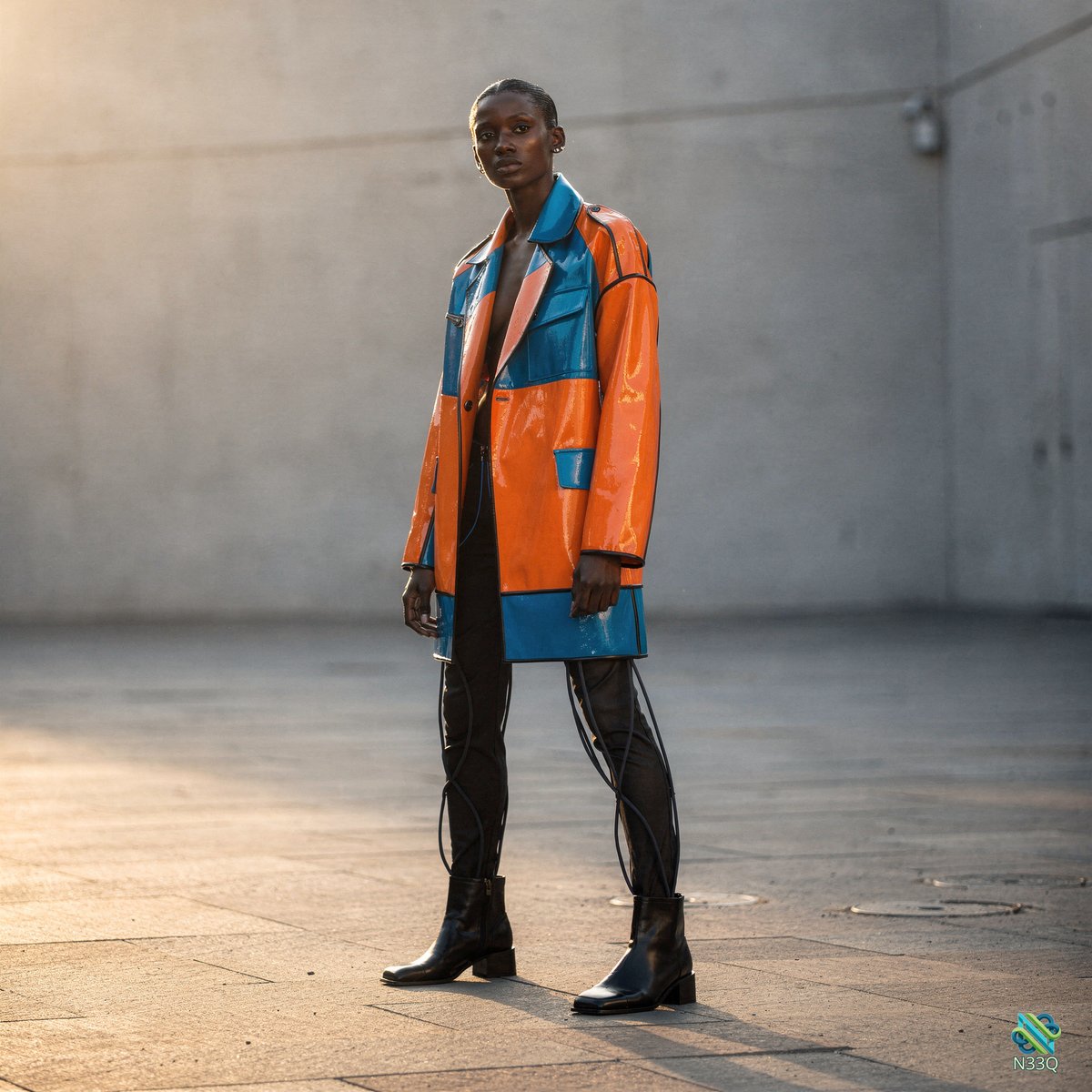 Model in Orange and Blue Geometric Jacket
