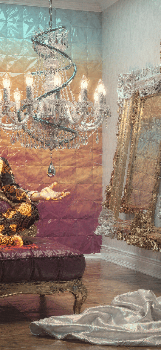 Glowing Meditating Figure Beside Gilded Mirrors
