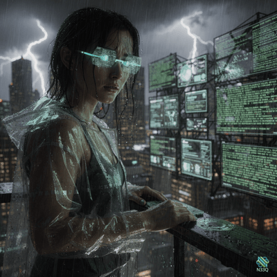 Woman with Neon Visor in Rainy Cyberpunk City