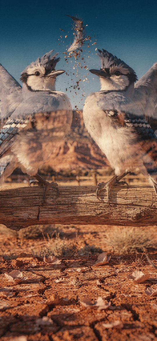 Two Blue Jays Fighting on Desert Fence