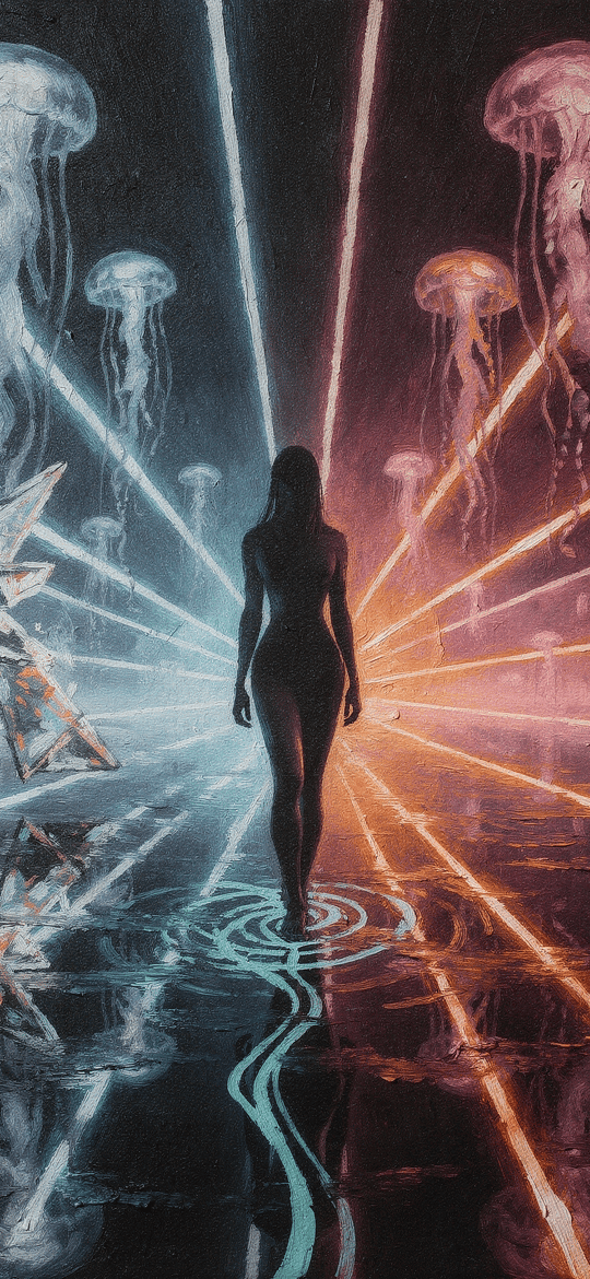 Woman Walking Among Glowing Jellyfish and Light Beams