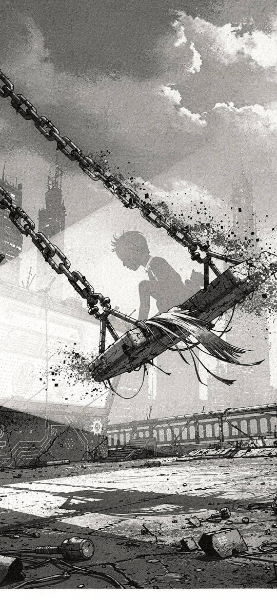 Silhouette on Chain Over Ruined Cyber City