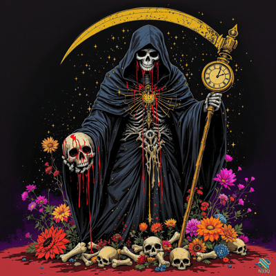 Grim Reaper Amidst Flowers and Skulls