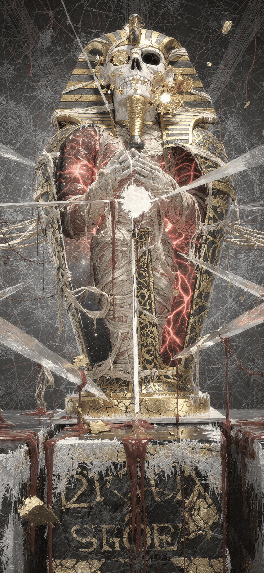 Mummified Pharaoh Skull Amid Exploding Glass Shards