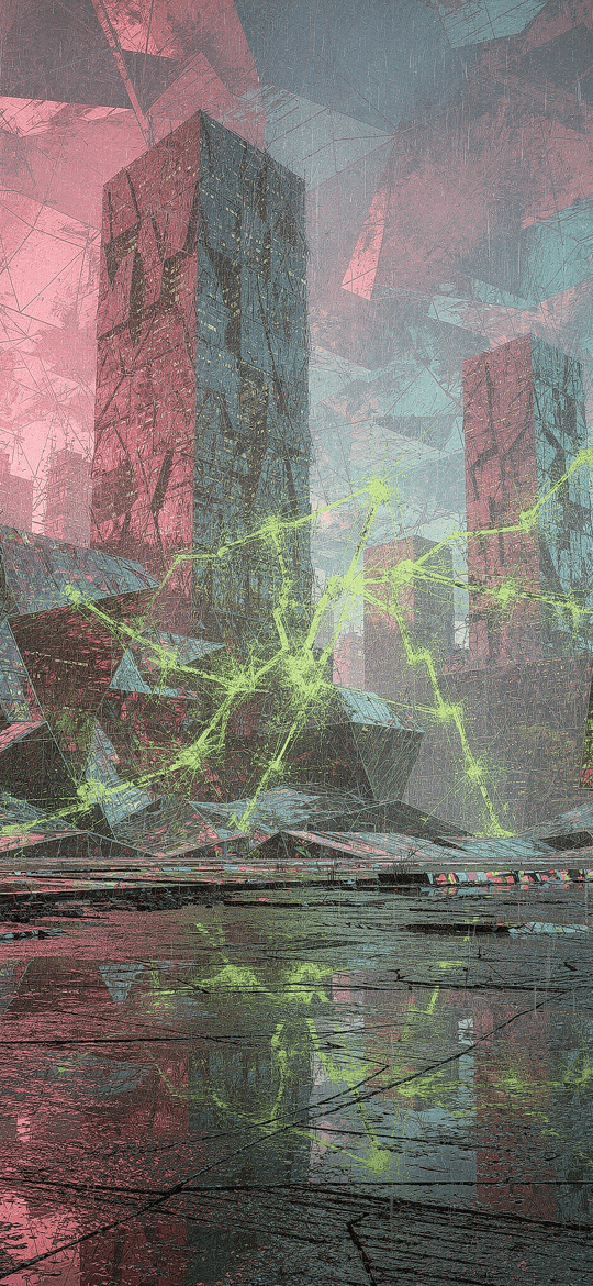 Dark Tower Blocks with Green Energy Veins